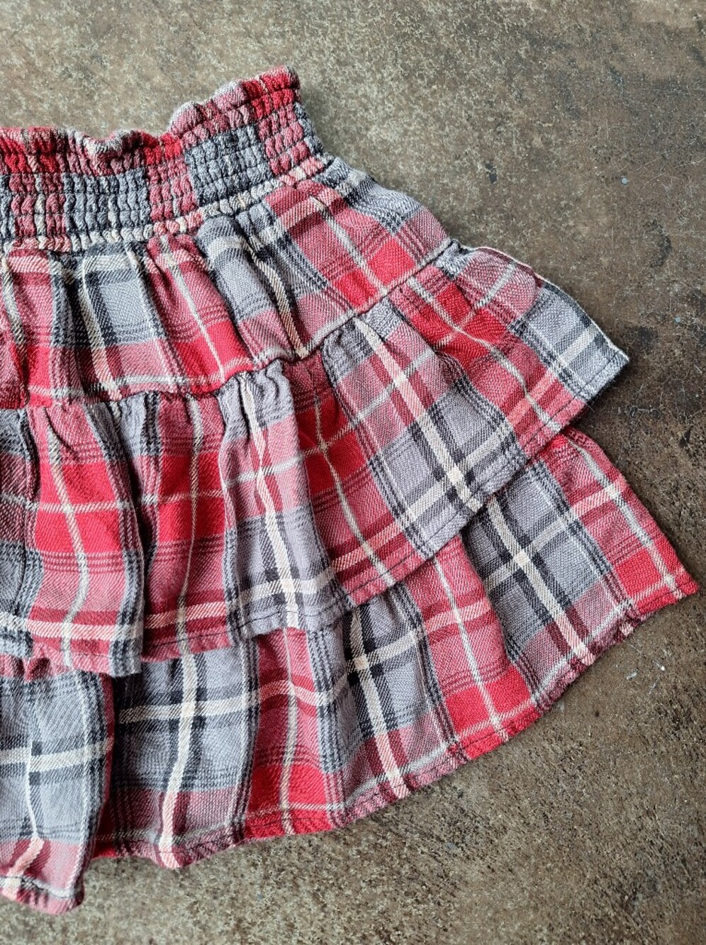 100% Viscose Mini Skirt - Plaid Tiered Red and Gray Smocked Waist Skirt Size XS